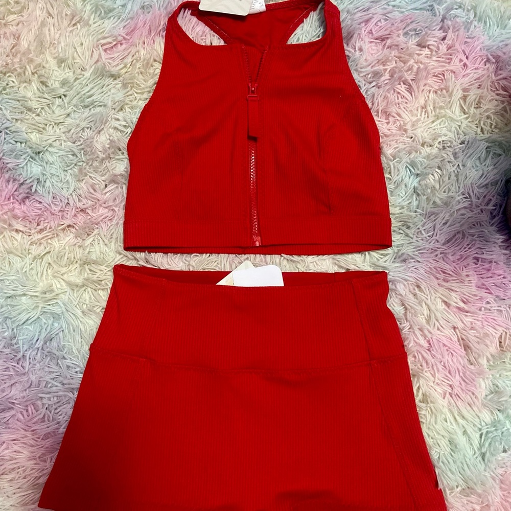 Fabletics Red High-Neck Zip Swim Top with Matching Red Swim Shorts - Picture 3 of 5